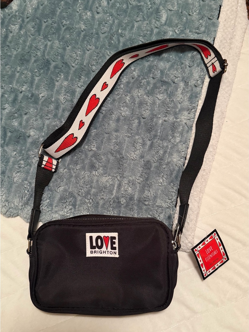 Brighton Black Crossbody with White Strap and Red Hearts